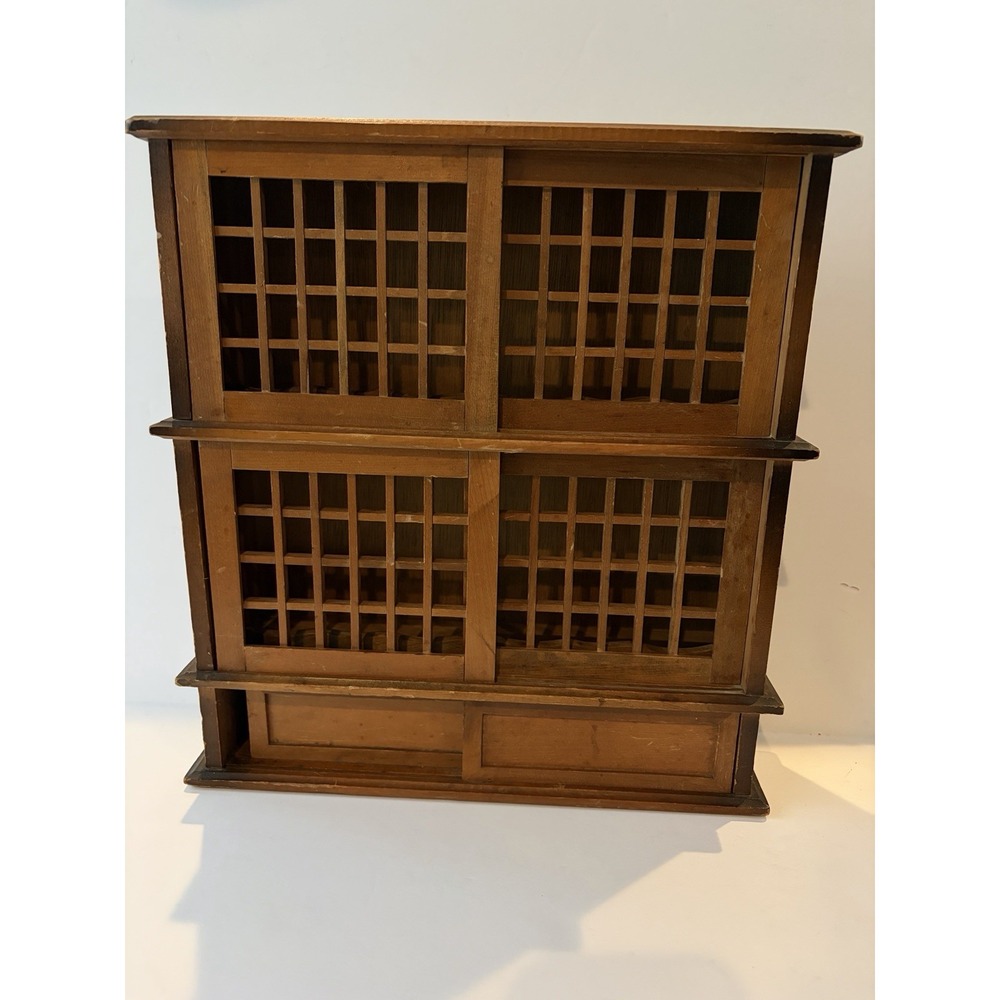 Japanese Tansu Style Display Cabinet Wood Lattice Sliding Doors Shelf